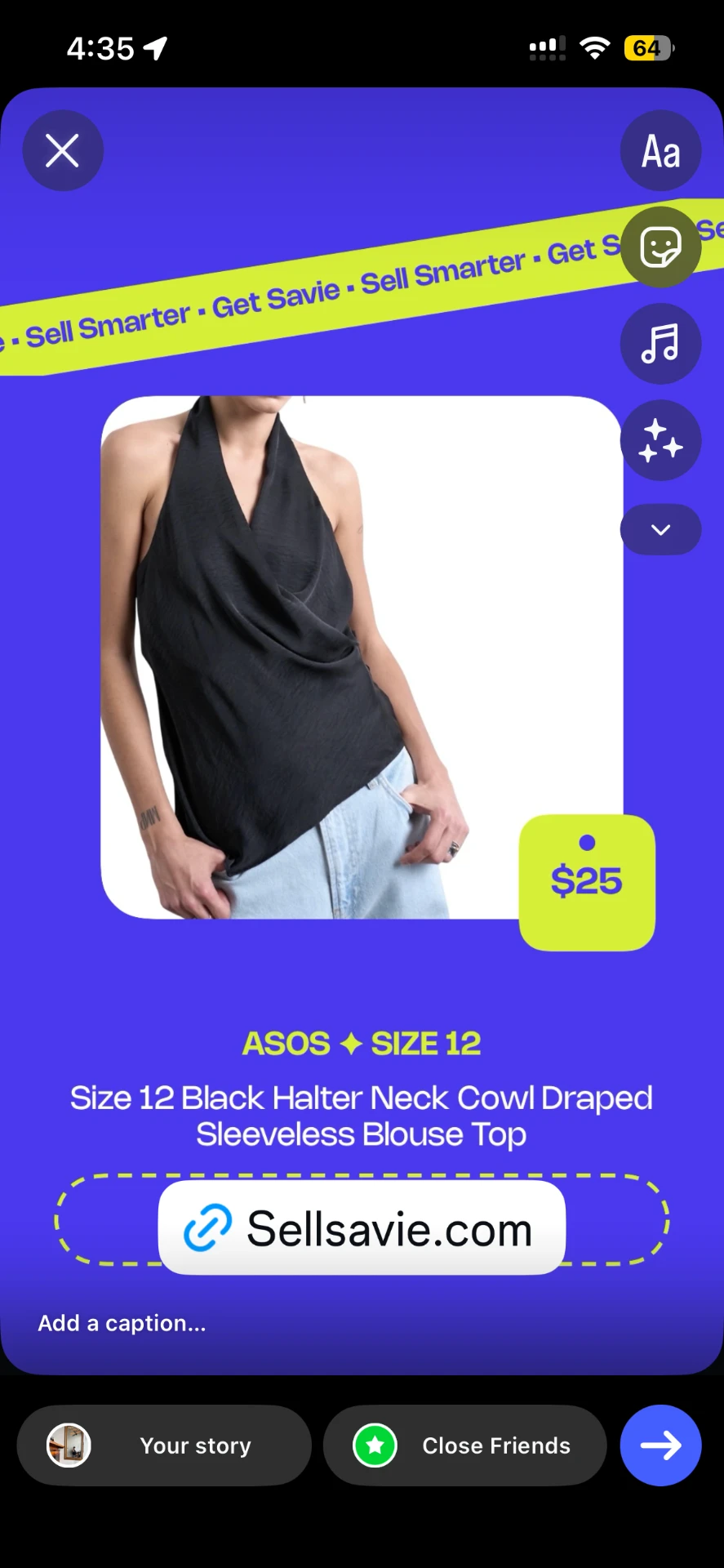 Savie listing shared to an Instagram story with a price sticker and Sellsavie.com link